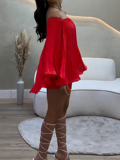 Batwing Sleeves Loose Pleated Solid Color Off-The-Shoulder Shirt Top + Shorts Bottom Two Pieces Set