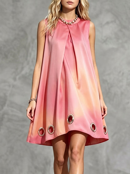 A-Line High-Low Contrast Color Gradient Hollow Pleated Round-Neck Mini Dresses