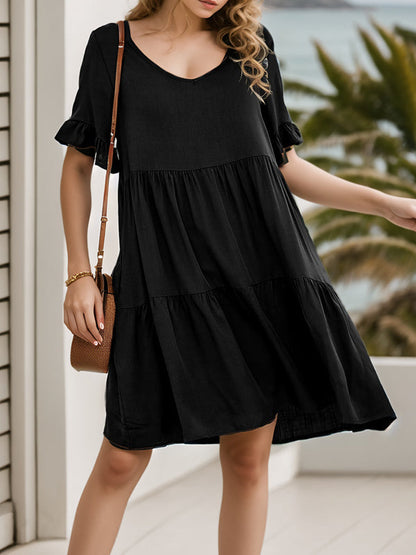 A-Line Flared Sleeves Pleated Pockets Ruffled Solid Color Split-Joint Round-Neck Mini Dresses