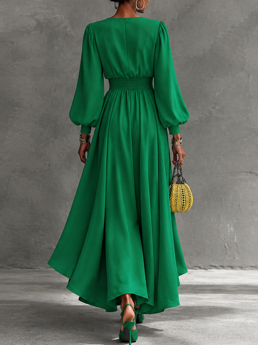 Solid Color Pockets Pleated Elasticity Long Sleeves High Waisted Boat Neck Maxi Dresses