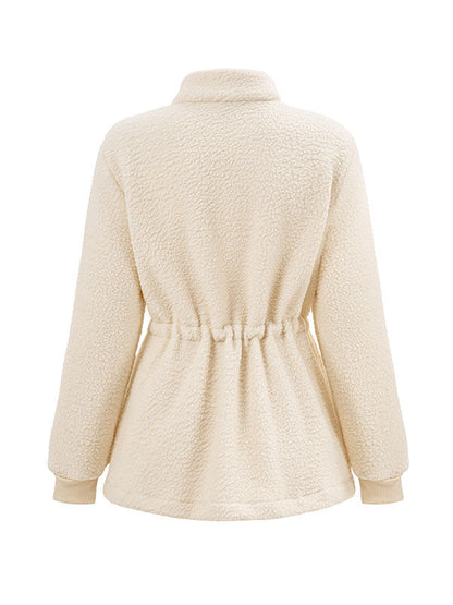 Long Sleeves Loose Drawstring Solid Color Velvet Zipper Stand Collar Outerwear