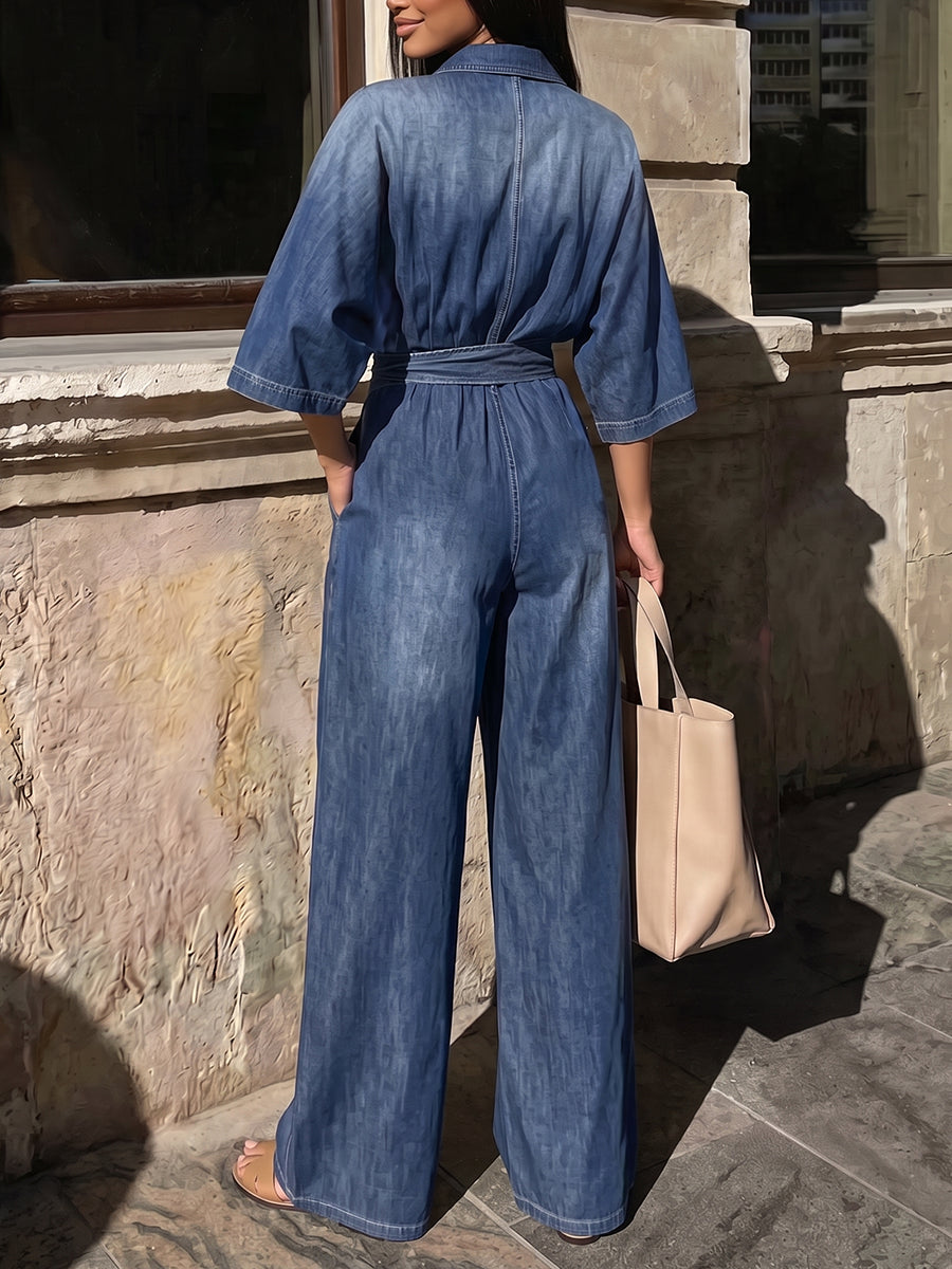 Tied Waist Pockets Gradient Buttoned Loose High Waisted Lapel Jumpsuits