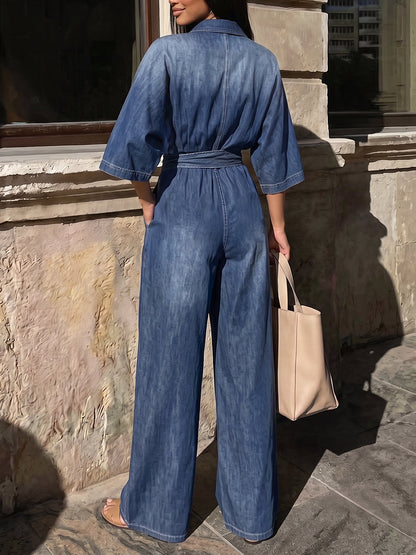 Tied Waist Pockets Gradient Buttoned Loose High Waisted Lapel Jumpsuits