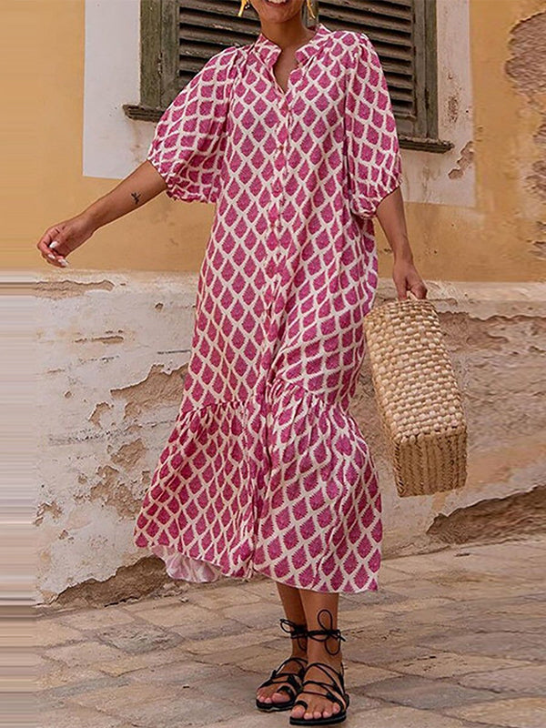 Robe mi-longue ample à manches mi-longues et col montant, imprimée et boutonnée 