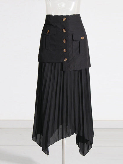 A-Line Loose Asymmetric Buttoned Pleated Split-Joint Zipper Skirts Bottoms