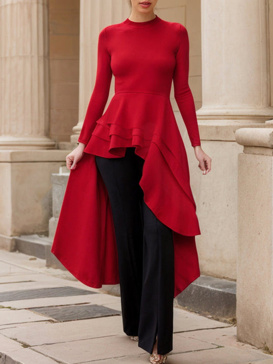 High-Low Long Sleeves No Belt Solid Color Round-Neck T-Shirts Tops