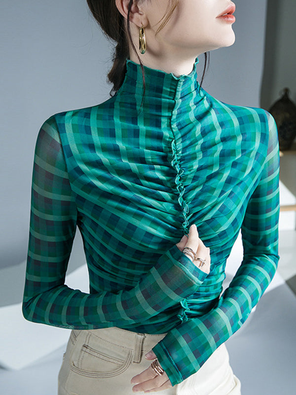 Long Sleeves Skinny Contrast Color Plaid Pleated Split-Joint High-Neck Blouses&Shirts Tops