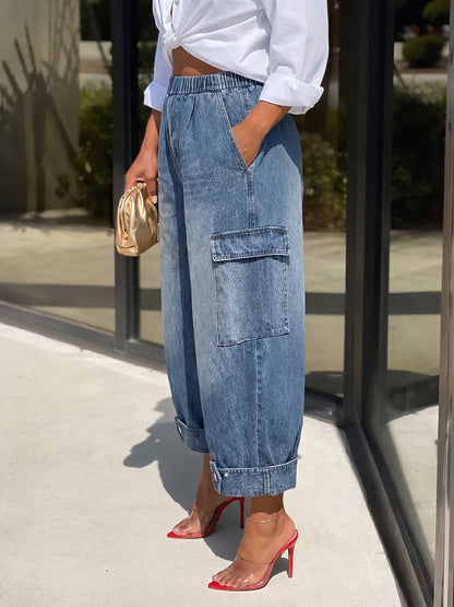 Solid Color Pockets Elasticity Buttoned Wide Leg Loose Jean Pants Bottoms Cropped Trousers