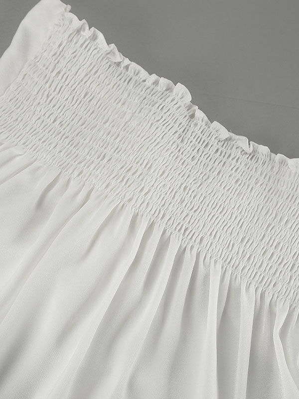 Loose Puff Sleeves Elasticity Pleated Solid Color Split-Joint V-Neck Blouses&Shirts Tops