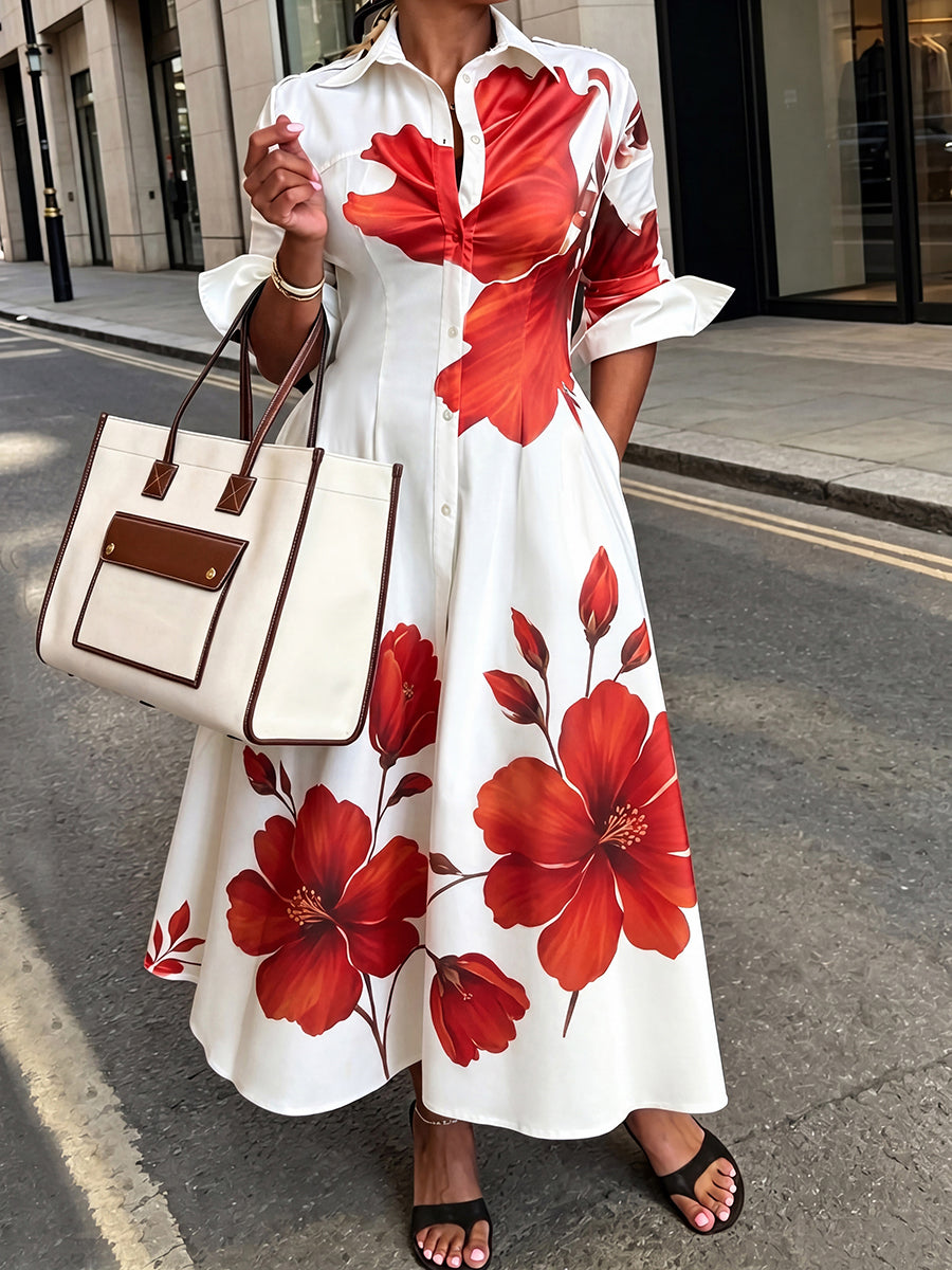 A-Line High Waisted Buttoned Flower Print Pockets Lapel Maxi Dresses