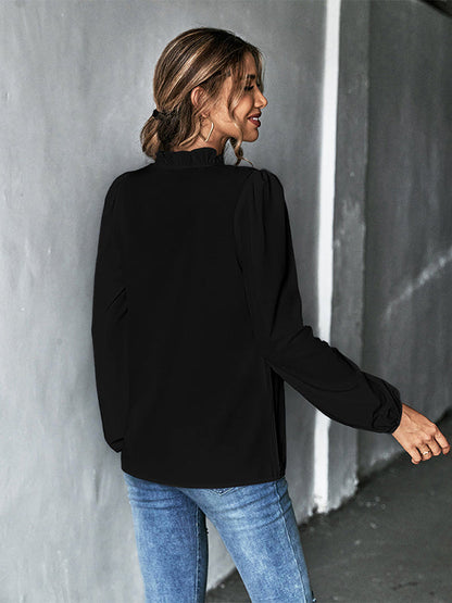Casual Puff Sleeves Loose Falbala Solid Color V-Neck Blouses&Shirts Tops