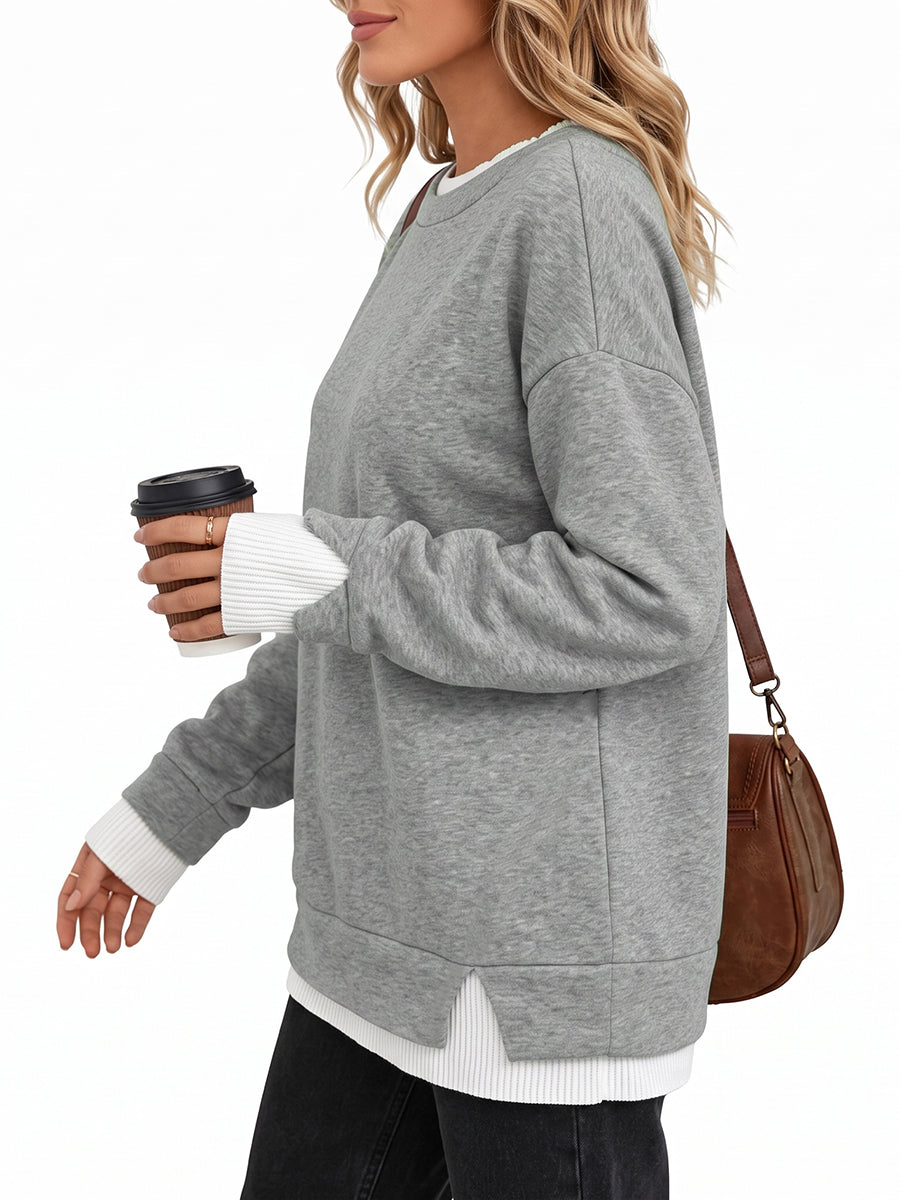 Split-Joint Contrast Color Plus Size Loose Round-neck Sweater Pullovers