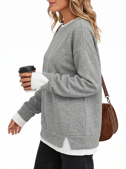 Split-Joint Contrast Color Plus Size Loose Round-neck Sweater Pullovers