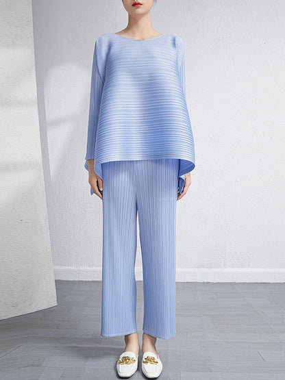Loose Pleated Solid Color High-Low Round-Neck T-Shirts  + Pants Two Pieces Set