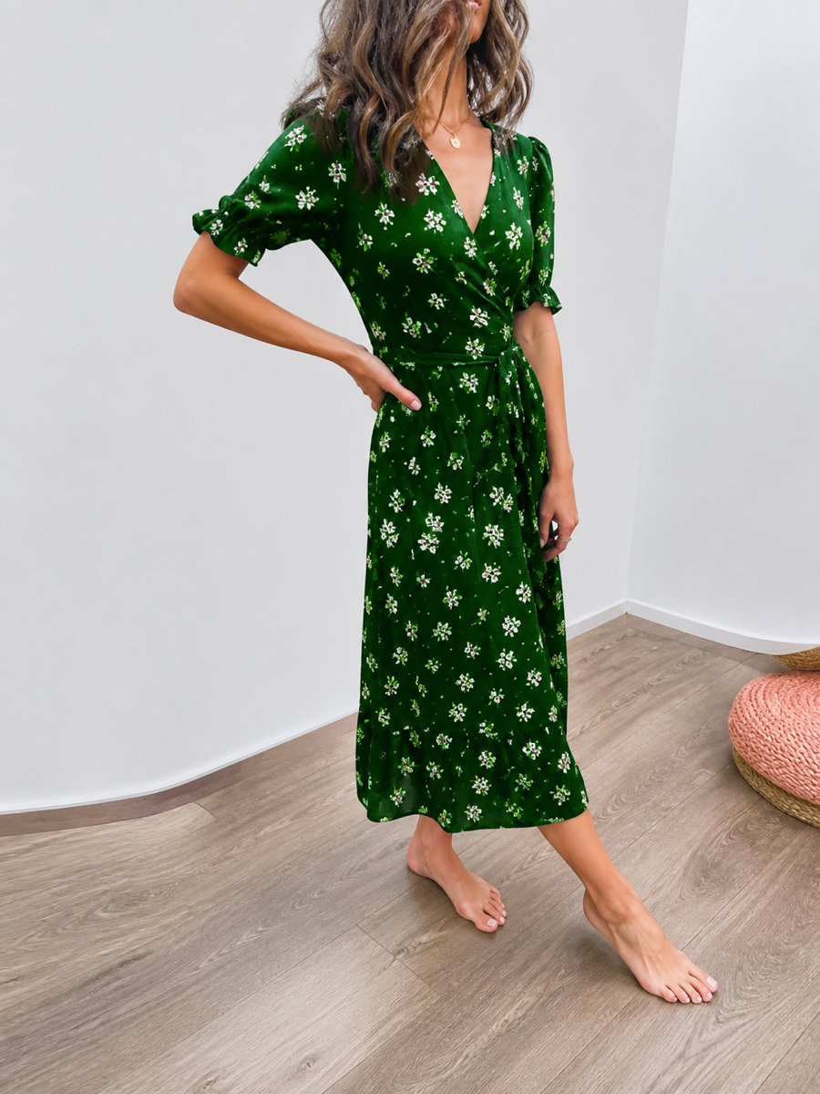 Tied Split-Joint Polka-Dot Pleated Elasticity Contrast Color Buttoned Short Sleeves Plus Size V-neck Midi Dresses