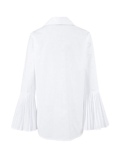 Flared Sleeves Long Sleeves Buttoned Hollow Pleated Solid Color Split-Joint Lapel Blouses&Shirts Tops