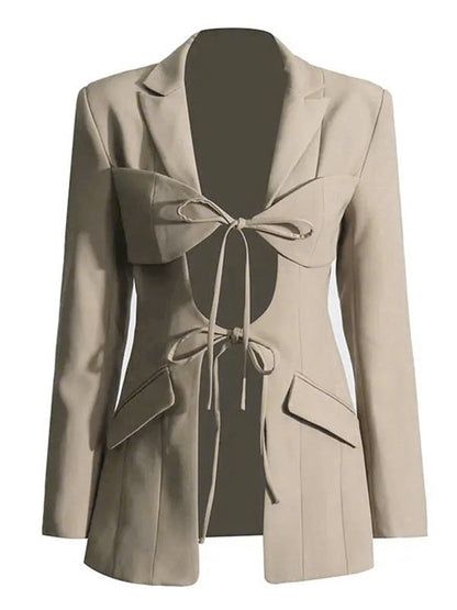 Long Sleeves Loose Pockets Solid Color Tied Notched Collar Blazer Outerwear