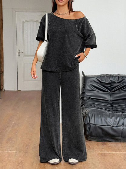 Loose Short Sleeves Solid Color One-Shoulder T-Shirt Top + Pockets Pants Bottom Two Pieces Set