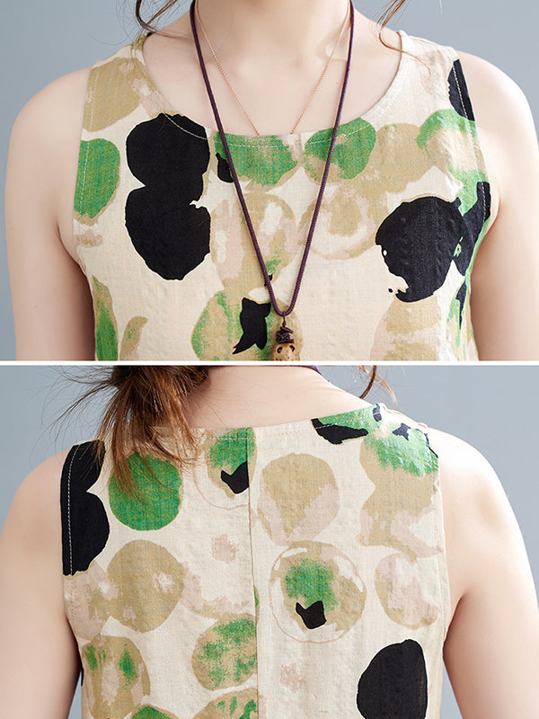 Robe longue ample sans manches à imprimé fendu et col rond 