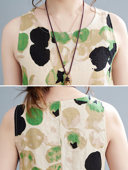 Robe longue ample sans manches à imprimé fendu et col rond 