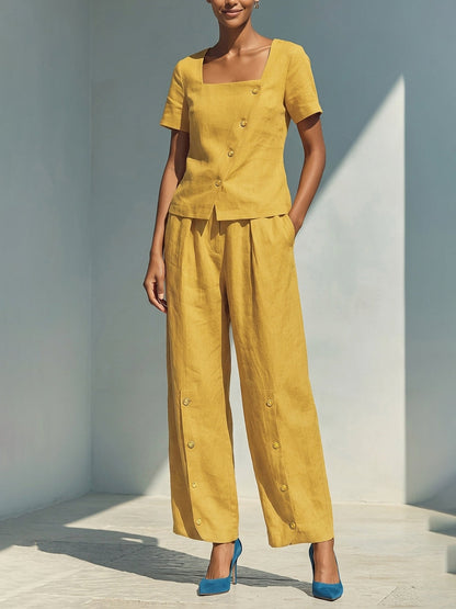 Loose Wide Leg Buttoned Pockets Solid Color Pants Trousers