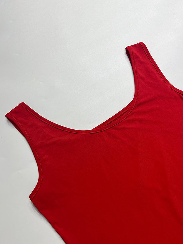 Skinny Sleeveless Asymmetric Solid Color Split-Side Square-Neck Tank Top