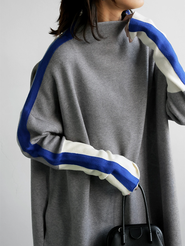 Long Sleeves Loose Contrast Color Stand Collar Maxi Dresses