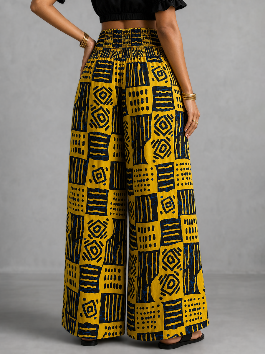 High Waisted Wide Leg Contrast Color Elasticity Pleated Printed Pants Trousers