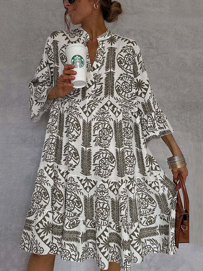 Loose Three-Quarter Sleeves Falbala Printed V-Neck Midi Dresses