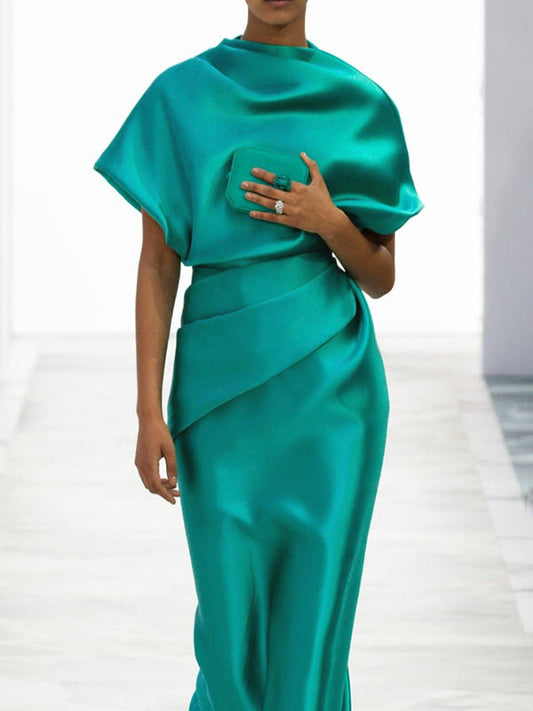 Robes longues amples à manches courtes et plissées de couleur unie 