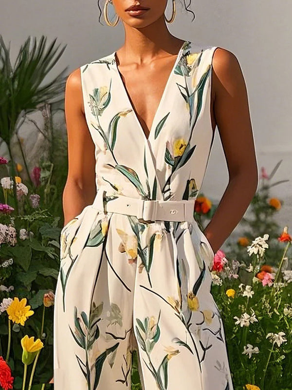Sleeveless Wide Leg No Belt Pleated Printed Split-Joint V-Neck Jumpsuits