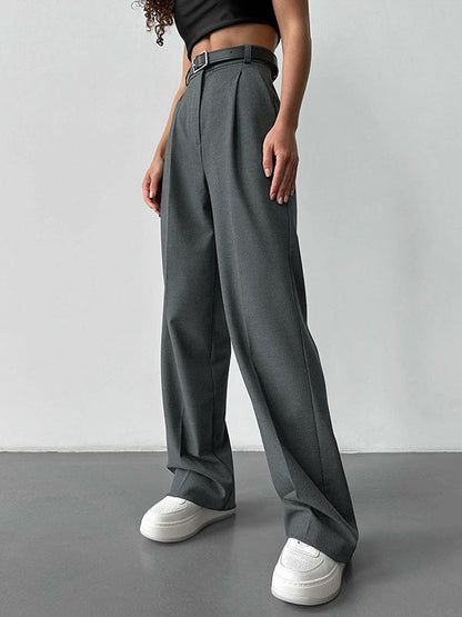 High Waisted Loose No Belt Solid Color Suit Pants Trousers