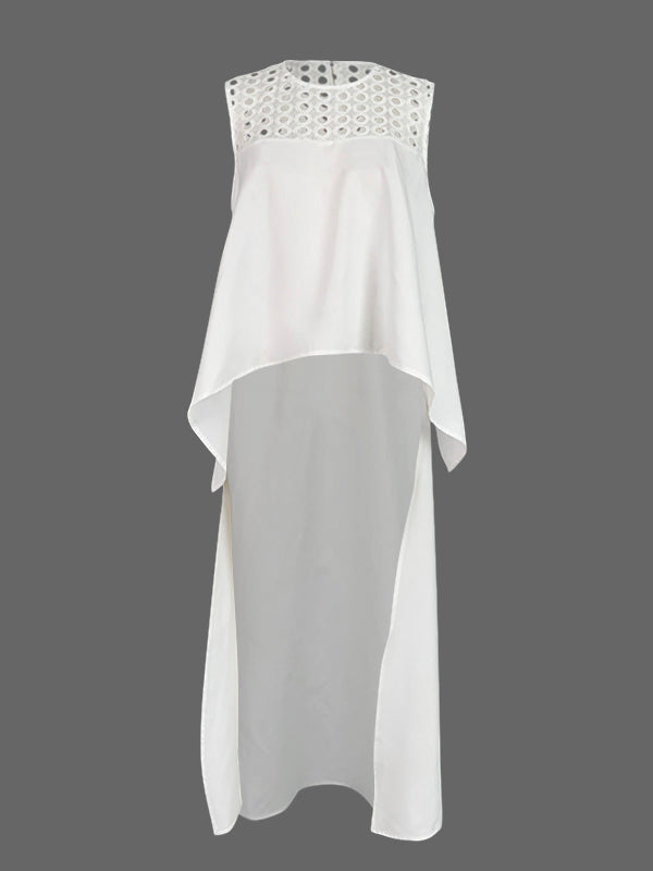 High-Low Loose Embroidered Solid Color Round-Neck Vest Top