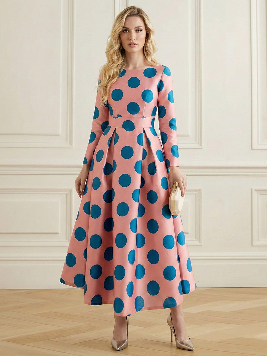A-Line Elasticated Waist Contrast Color Polka-Dot Split-Joint Round-Neck Maxi Dresses