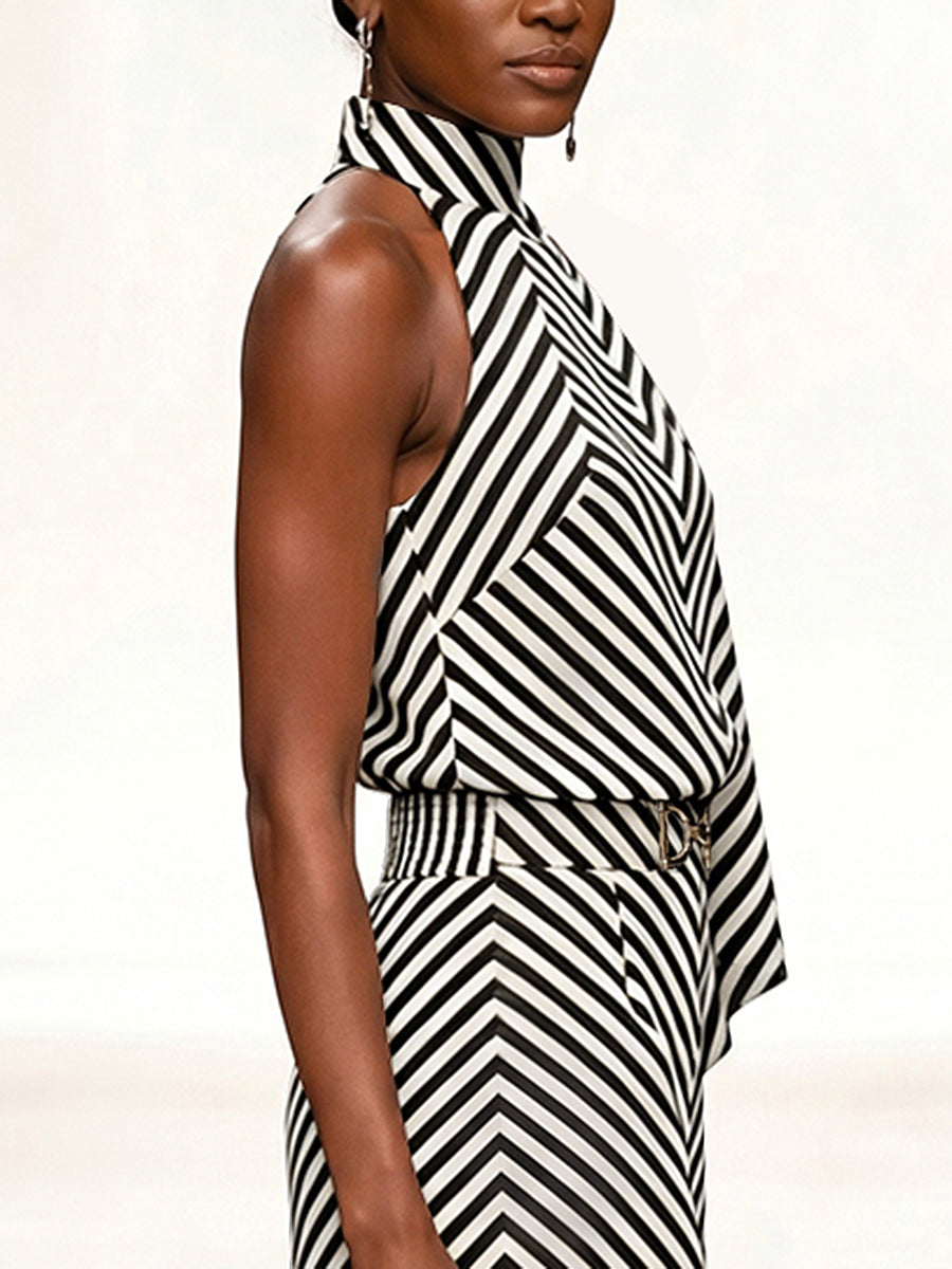 Sleeveless Contrast Color Draped Striped Halter-Neck Blouses&Shirts Tops