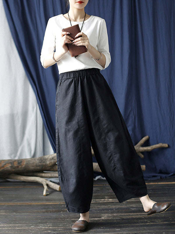 Simple Solid Color Elasticity Waisted Wide Leg Pants