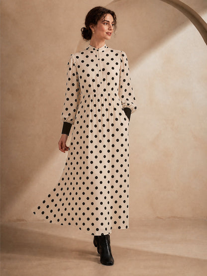 Split-Joint Polka-Dot Pockets Elasticity Buttoned Loose Long Sleeves Lapel Midi Dresses