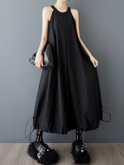A-Line Loose Drawstring Pleated Pockets Solid Color Zipper Spaghetti-Neck Midi Dresses