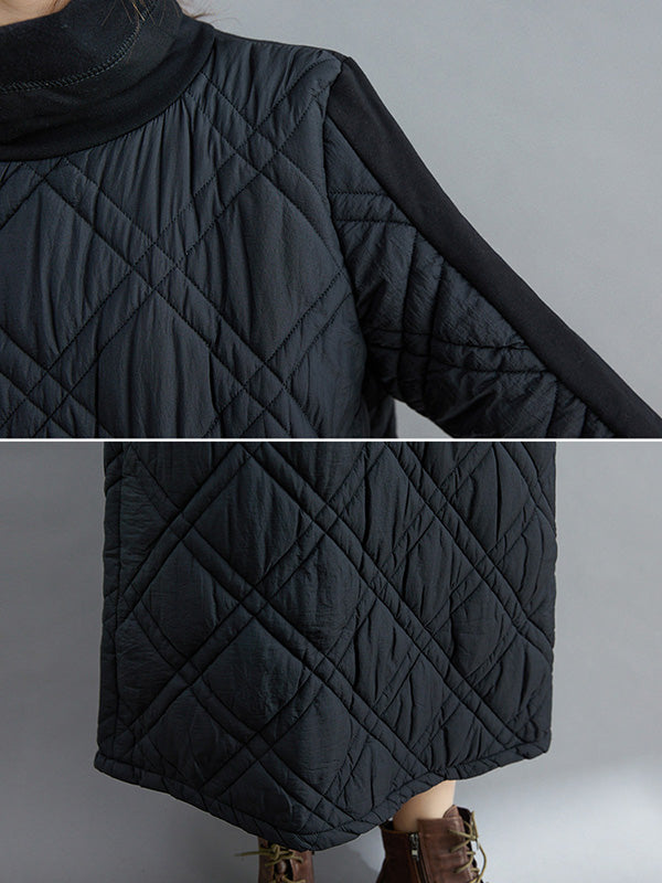 Simple Split-Joint High-Neck H-Line Quilted Midi Dress