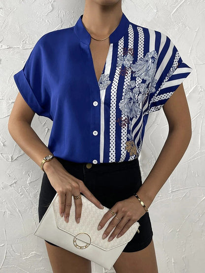 Loose Short Sleeves Buttoned Contrast Color Flower Print Striped V-Neck Blouses&Shirts Tops