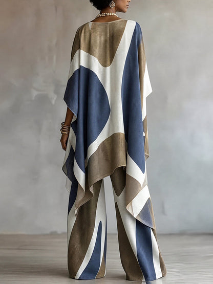 Printed Pockets Contrast Color Wide Leg Loose Trousers Pants