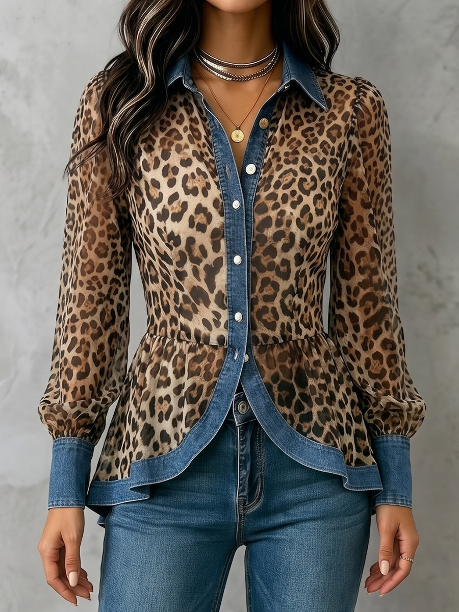 Long Sleeves Puff Sleeves Buttoned Contrast Color Leopard Pleated Split-Joint Lapel Blouses&Shirts Tops