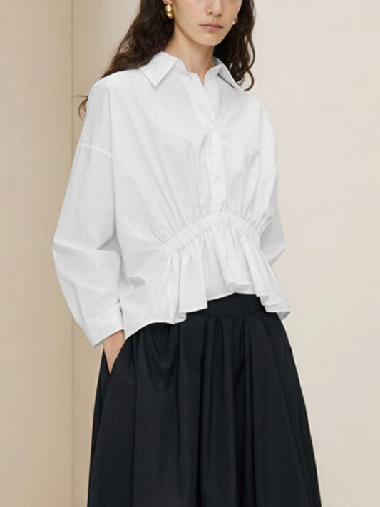 Elasticated Waist Irregularity Buttoned Pleated Ruffled Solid Color Lapel Blouses&Shirts Tops