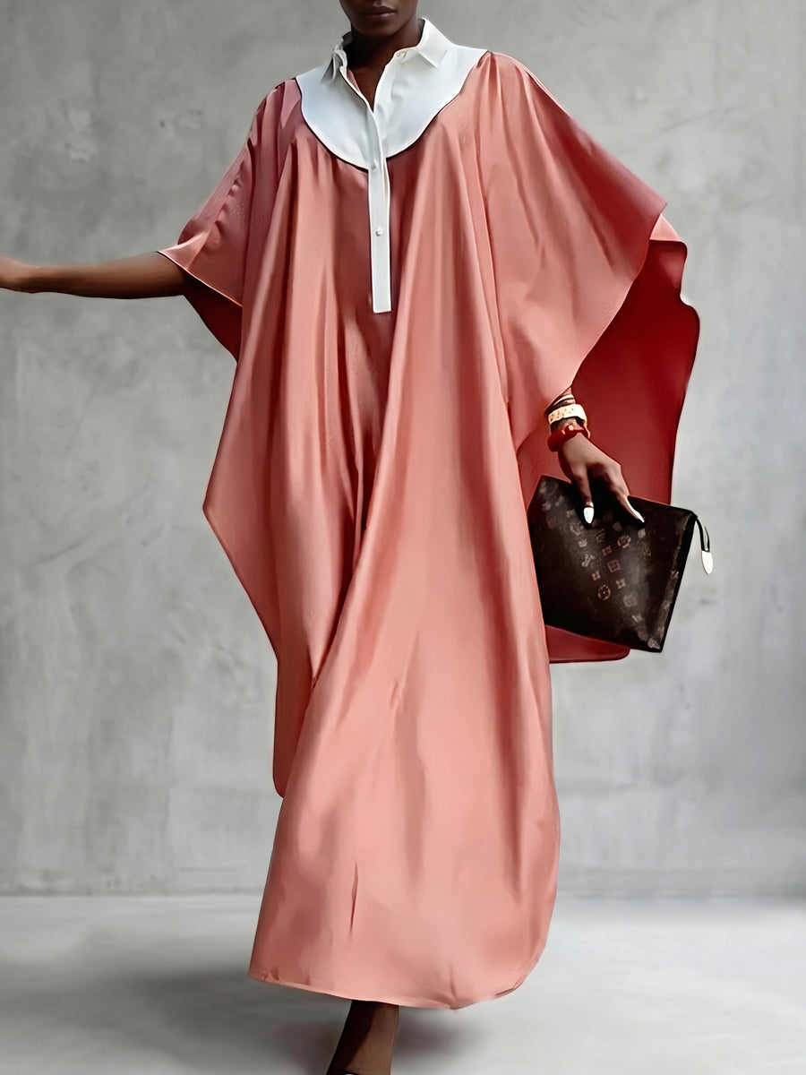 Batwing Sleeves Loose Buttoned Contrast Color Pleated Lapel Maxi Dresses