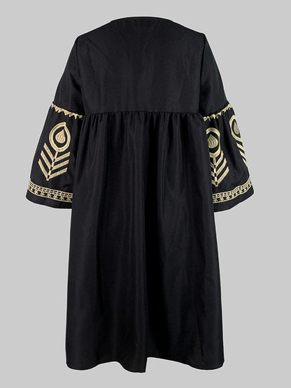 Flared Sleeves Loose Embroidered Split-Joint Deep V-Neck Mini Dresses