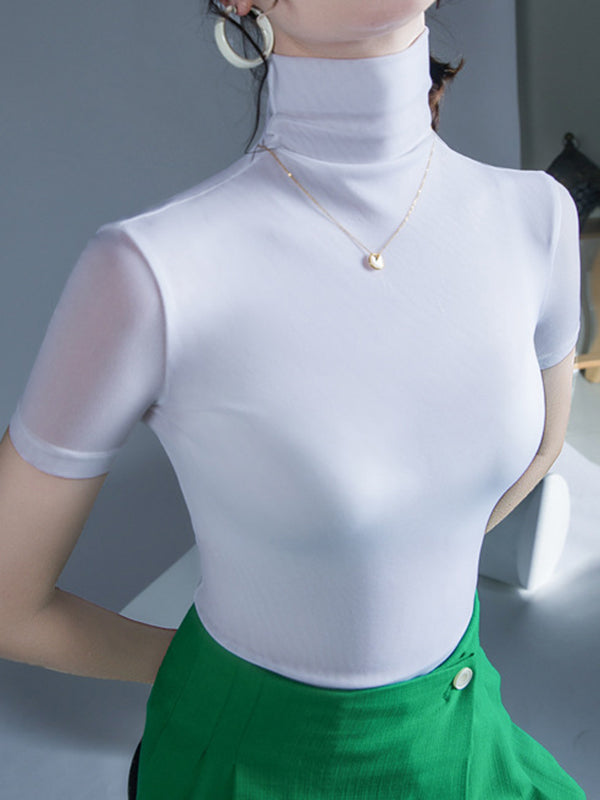 Half Sleeves Skinny Solid Color High Neck T-Shirts Tops