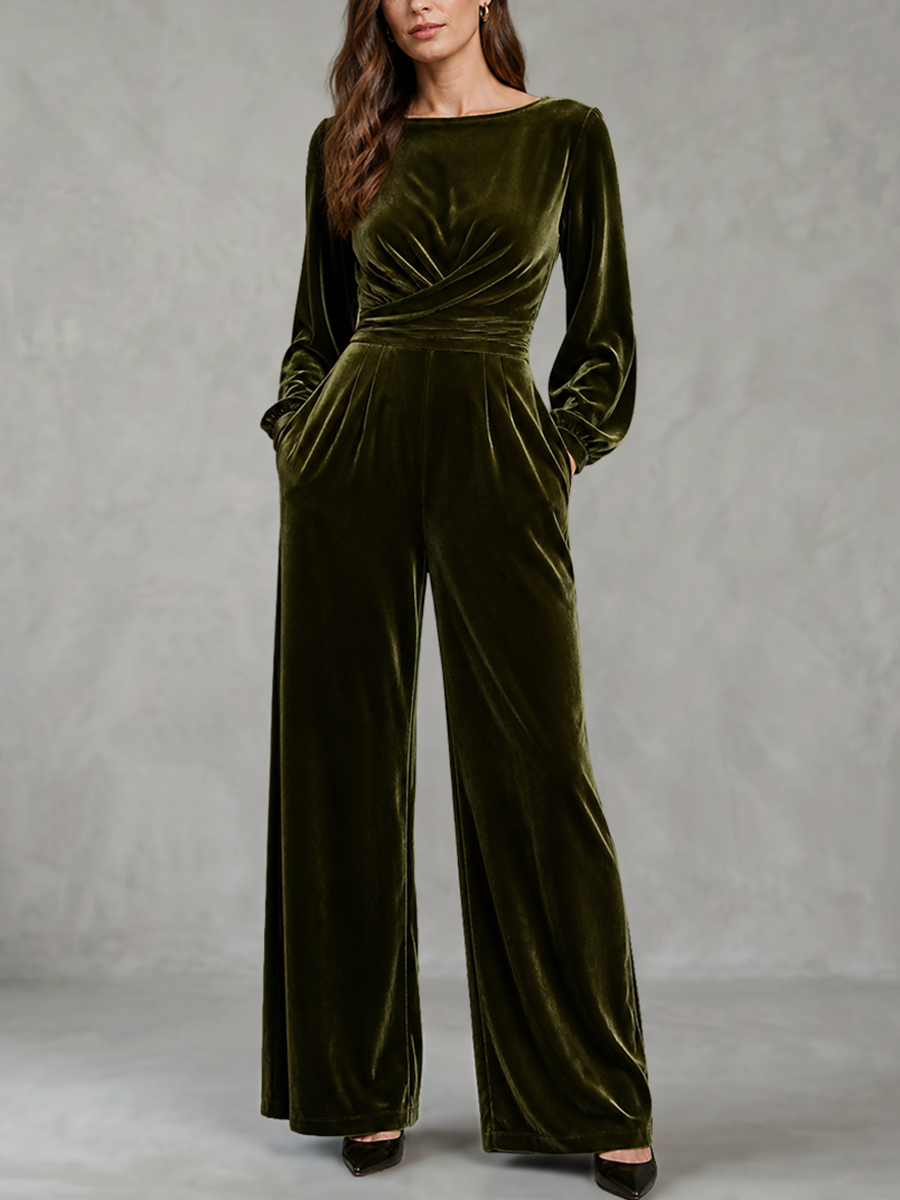 Velvet Solid Color Ruched Pockets Long Sleeves High Waisted Boat Neck Jumpsuits