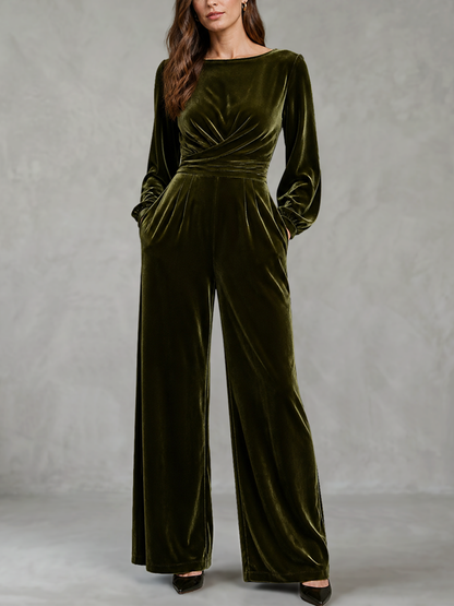 Velvet Solid Color Ruched Pockets Long Sleeves High Waisted Boat Neck Jumpsuits