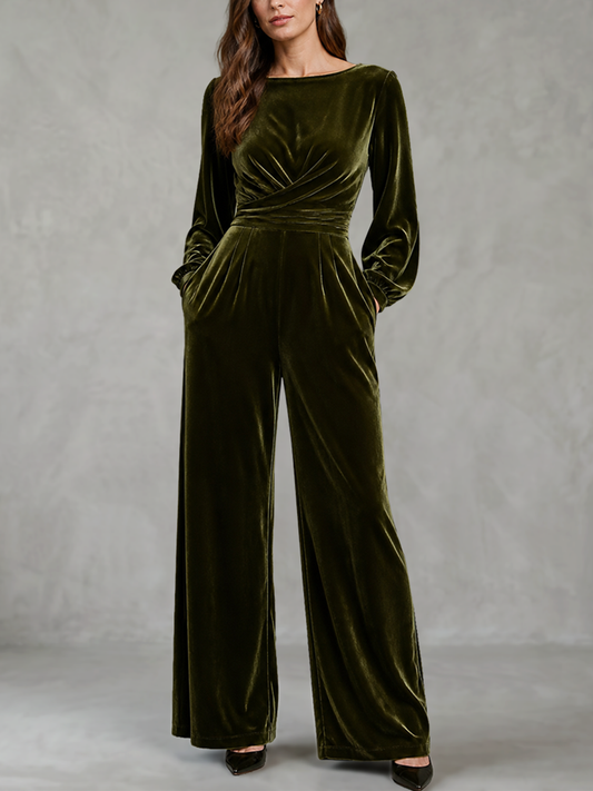 Velvet Solid Color Ruched Pockets Long Sleeves High Waisted Boat Neck Jumpsuits