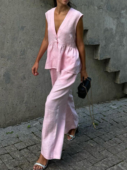 Loose Split-Joint Sleeveless Pleated V-Neck Vest + Pants Trousers Two Pieces Set